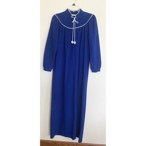 Vtg 80s Vassarette Velour Zip Front Robe S-M ? Long Blue Pom Pom TIE Pockets USA